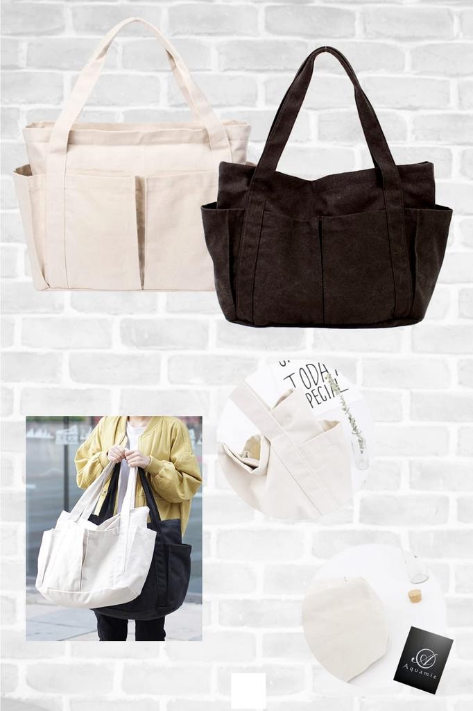 Aquamie Canvas Shoulder Tote Bag with Zipper, Large Capacity, Perfect for School or Commuting, Black