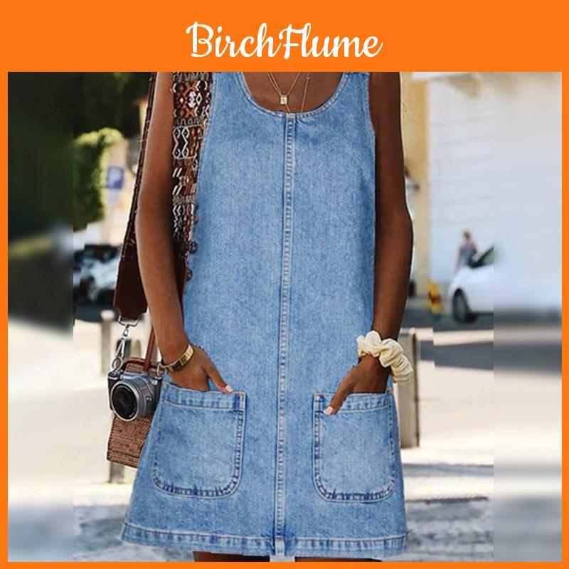 Denim Dress For Women Summer Sleeveless A Line Casual Cotton Polyester Fabric