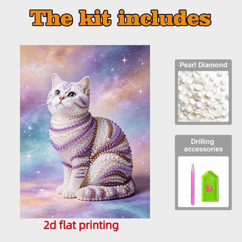 Animal 5D Pearl Painting Cat Handmade DIY Home Office Desktop Decoration Painting ThreedimensionalSparkly Pearl Cat Art