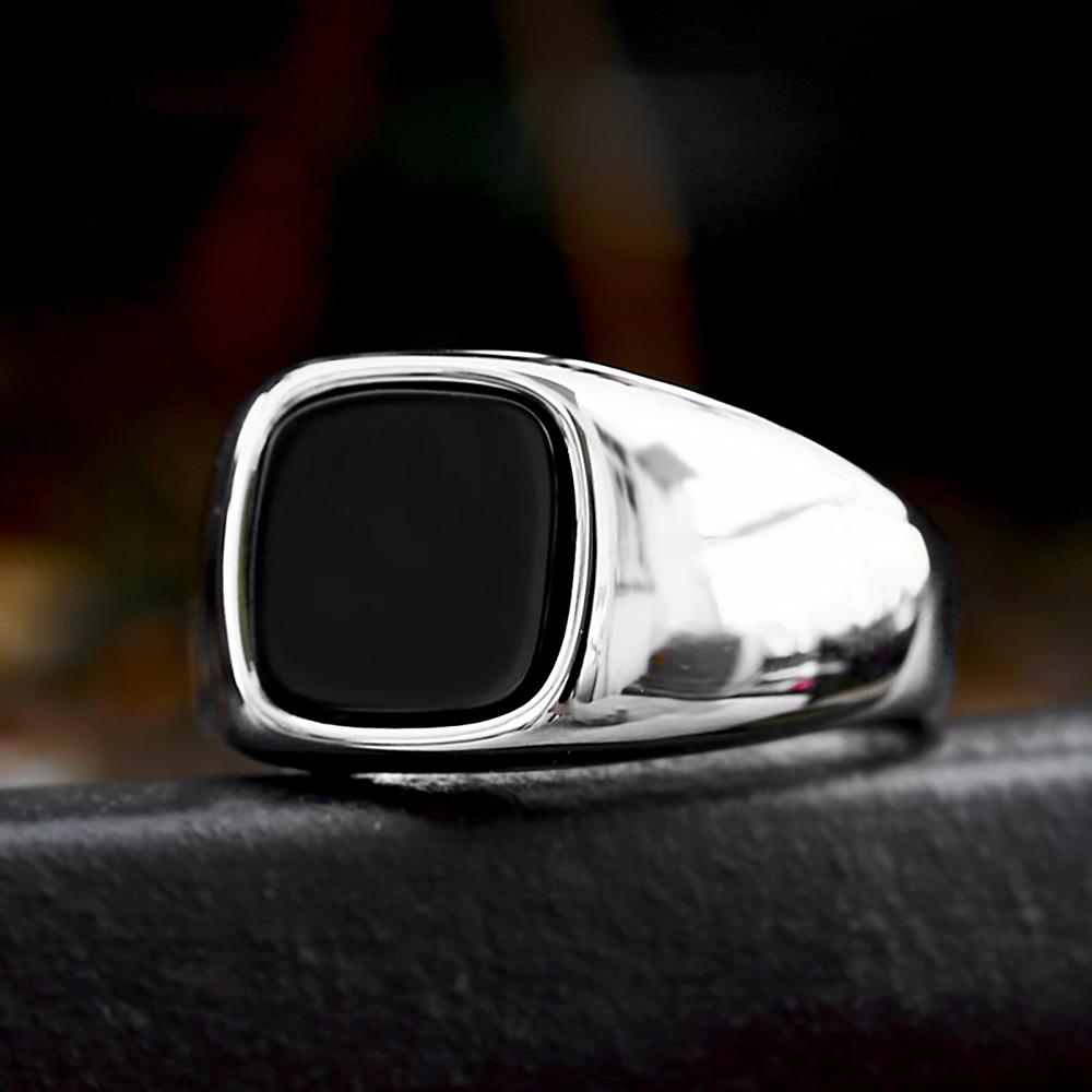 Neuzugang Edelstahl Schwarzer Achat Stein Ringe Für Männer Frauen Punk Biker Hochglanzpolierter Quadratischer Ring Paar Schmuck