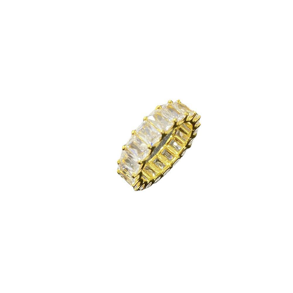 T-Shaped 6mm Zircon Single Row Hip-Hop Square Diamond Ring, Real Gold Plated Unisex Couple Ring.