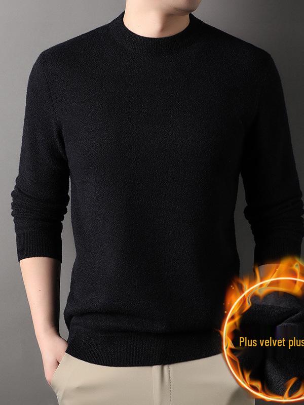 Men's Warm Thickened Knit Sweater - Autumn/Winter Casual, Middle-Aged, Round Neck, Solid Color, Fluffy Velvet.