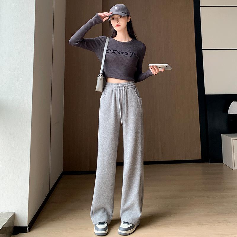 Fleece thickened towel pants autumn and winter warm casual versatile straight pants high waist design wide leg pants women