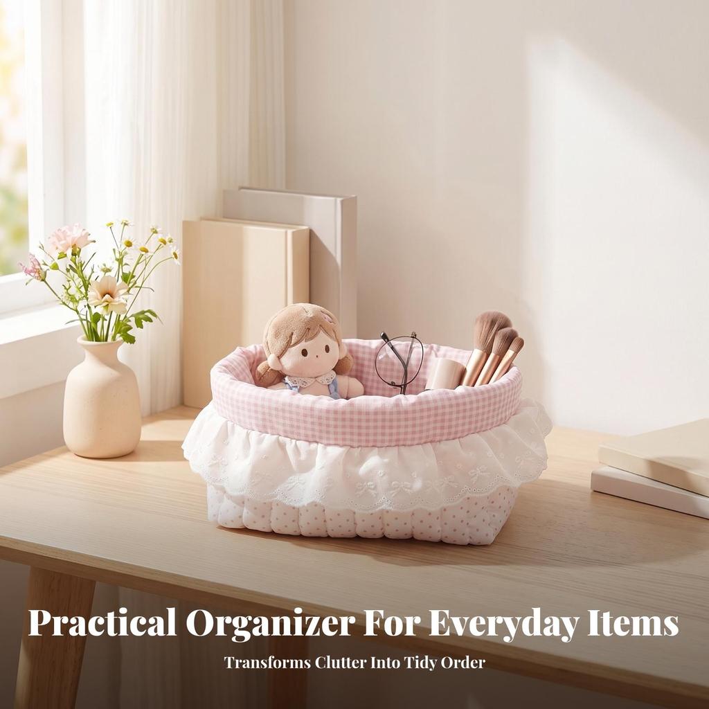 Quilted Textile Basket Gingham Lining Lace Trim Dotted Pattern for Desk