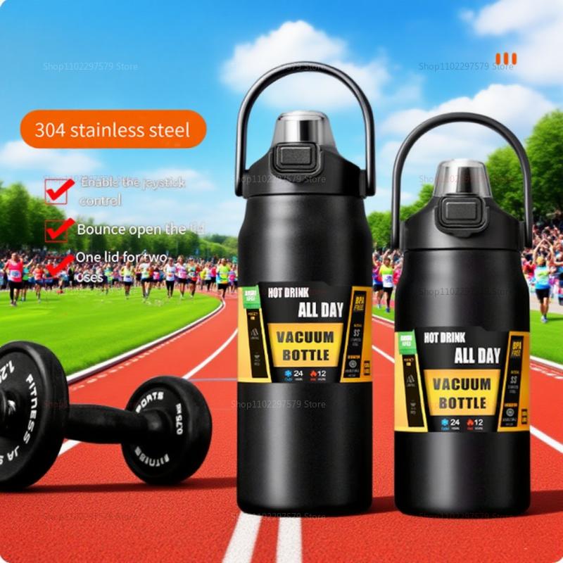 New 304 Stainless Steel Double Lid Portable Thermos with Large Belly Cup Outdoor Sports Water Kettle and Large Capacity Space Ke