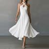 Retro Elegant Black Keyhole Backless Halter Neck A-line Long Dress for Women
