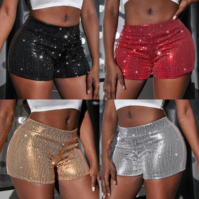 High Waisted Casual Shorts High Stretch Sequin Beaded Bar Performance Costume