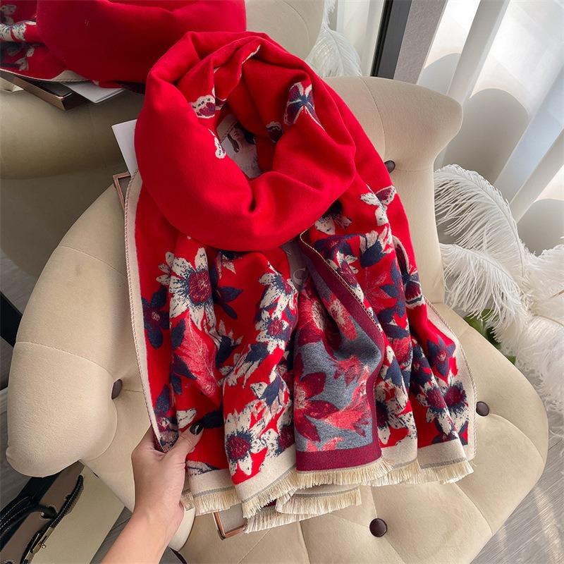 Elegant celebrity butterfly flower print scarf women's thickened warm imitation cashmere scarf double-sided versatile shawl