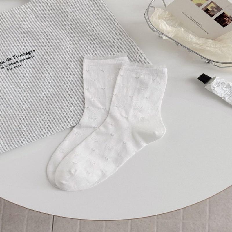Women's Ballet-Style Mid-Calf Socks, Thin Hollow Mesh, Slouchy Korean JK Style, White Summer Socks
