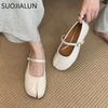 Fashion SUOJIALUN 2025 Autumn Women Flat Shoes Fashion Split Toe Slip On  Mary Jane Ballet Shoes Soft Flat Heel Outdoor Casual Single Sh