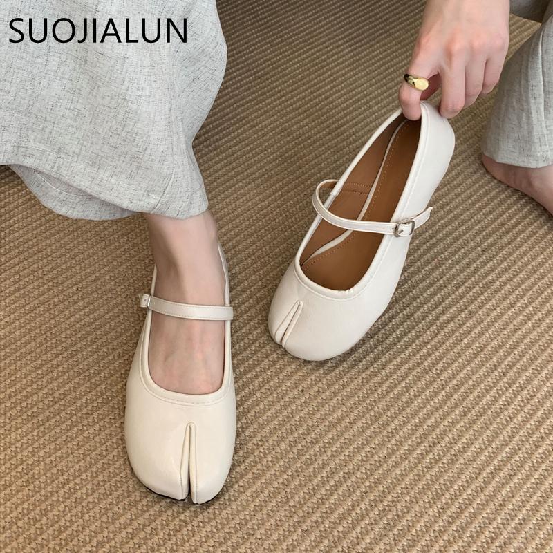 Fashion SUOJIALUN 2025 Autumn Women Flat Shoes Fashion Split Toe Slip On Mary Jane Ballet Shoes Soft Flat Heel Outdoor Casual Single Sh