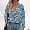 Summer Comfortable Casual Mixed Color Women's Shirt Printed V-neck Long Sleeved Shirt