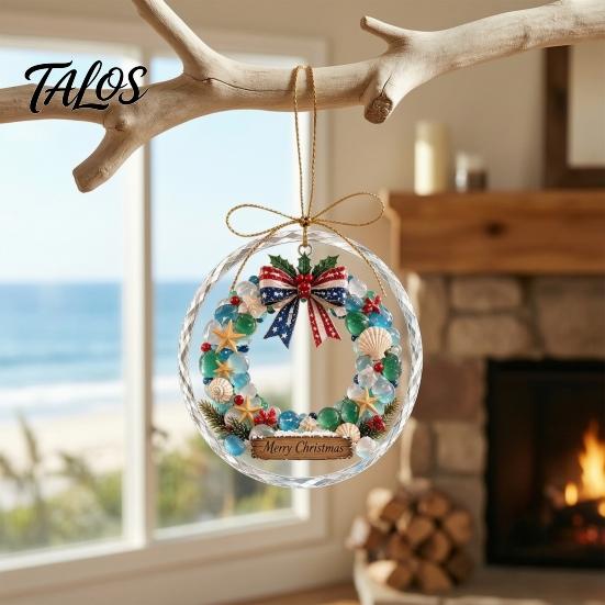 Handcrafted Style Ornament Christmas Acrylic Hanging Pendant for Holiday Tree Decoration, 2D Flat Ocean Theme Decorative Accessory Home Party
