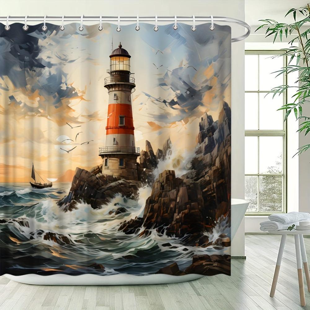 Sunset waves seagulls lighthouse Shower Curtain Washable Dirt-Resistant Shower Head waterproof Polyester Bath Curtain 90x180CM