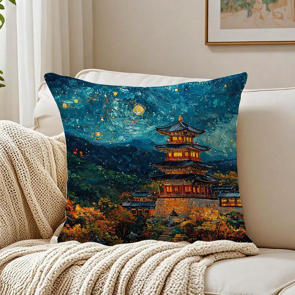Korea Foguo Temple Cushion Cover Linen Pillowcase Soft for Sofa Bed Home Room Decor