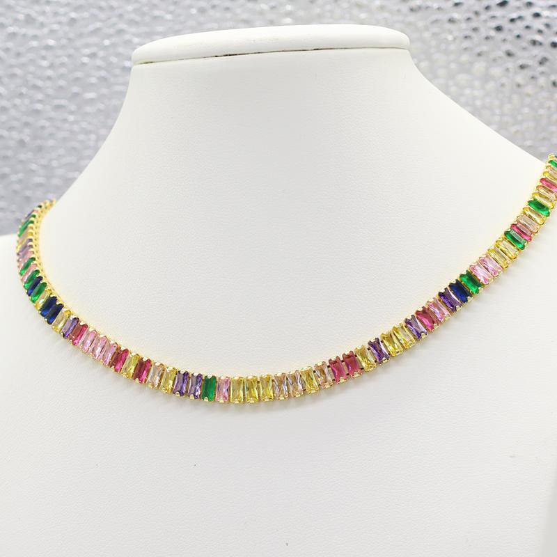Women's Gold Colorful Choker Necklace Shiny Rainbow Crystal Zircon Tennis Chain Statement Jewelry Dropshipping