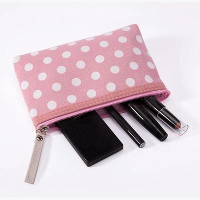 Women Waterproof Lining Cosmetic Bag Soft Canvas Dot Print Cute Toiletry Organizer for Outdoor Travel 1Pcs