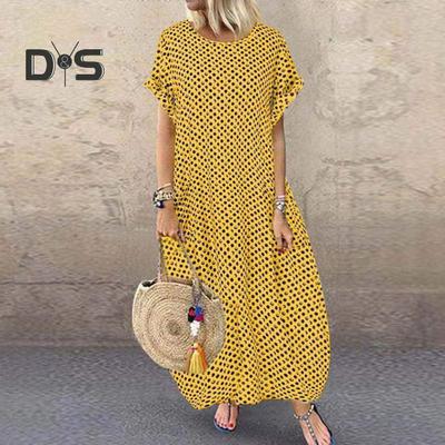 Vestido Plus Size Feminino Estampa de Bolsos Estilo Boêmio Férias Maxi Vestido Gola Redonda Mangas Curtas com Bolsos Vestido de Viagem Praia