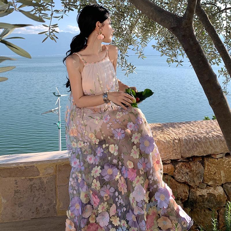 

Holiday Beach Seaside Holiday Temperament Three-dimensional Floral French Suspender Dress S