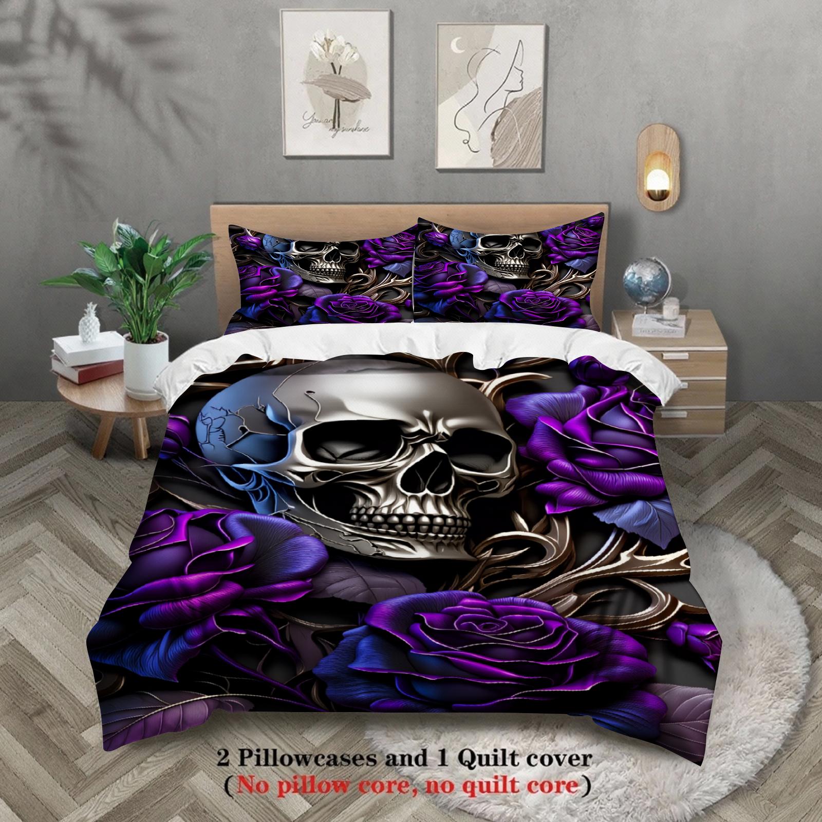 3pcs Skull And Rose Bedding Sets 3D Printed Gothic Skull With Purple Roses Duvet Cover Sets With Pillowcases No Filling EU Double(200x200cm)