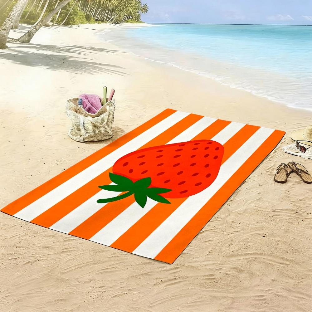 Asciugamano da Spiaggia a Strisce Fragola Vivaci, Asciugamano da Bagno con Stampa Fragola Rossa su Strisce Arancioni Bianche, Divertente Coperta da Spiaggia Estiva 1 pz
