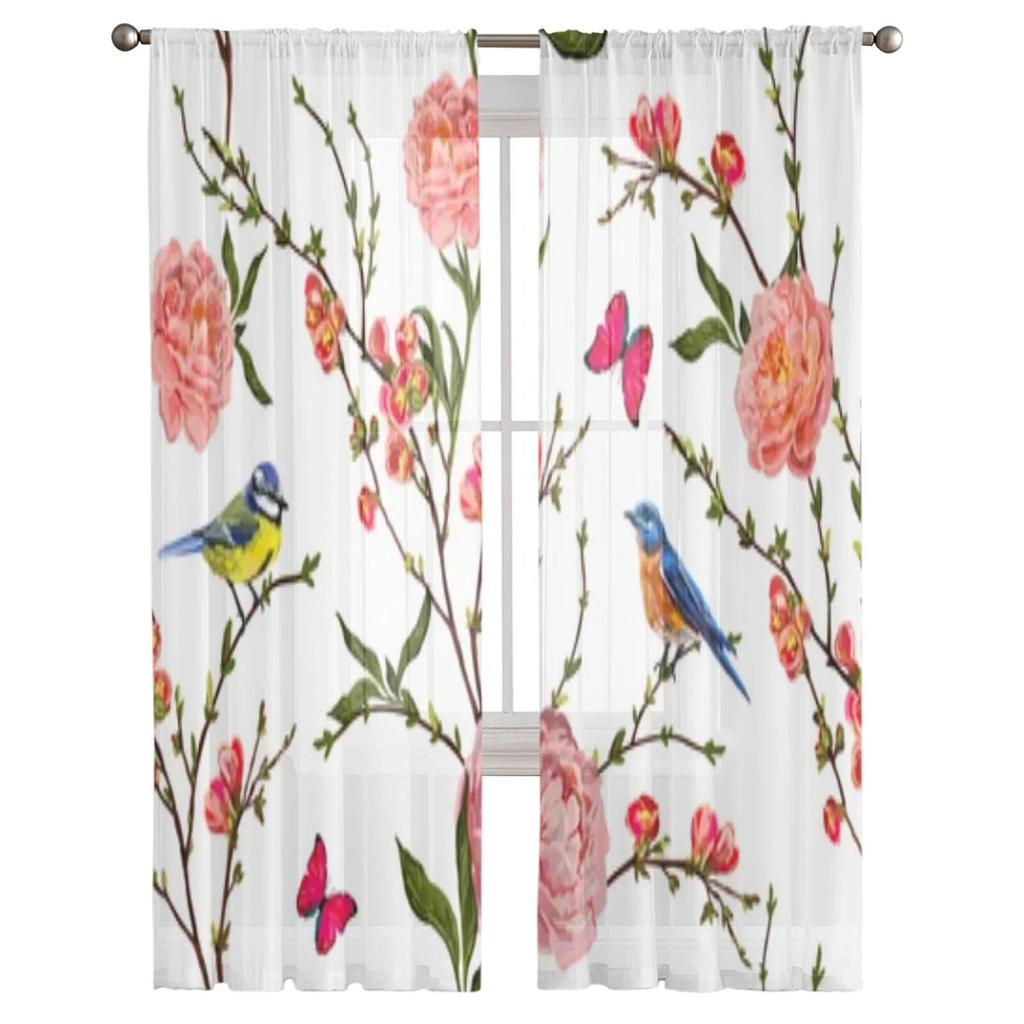 Birds Butterfly Peony Flower Sheer Window Curtains For Living Room Bedroom Modern Voile Tulle Curtains Fabric Drapes For Kitchen