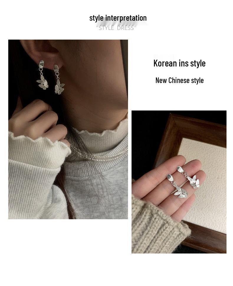 925 Sterling Silver Butterfly Pendant & Earrings, Korean & New Chinese Style, Light Luxury with Silver Needle, Elegant High-End Feel.