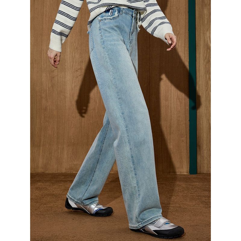 Coolhut2025 Autum Women's Fashionable Wide-Leg Pants Light Blue Straight-Leg American Retro Loose and Versatile Jeans