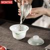 Ink Wash Glass Azure Stone Gaiwan Vintage Three Piece Non Hot Tea Tureen Household Tea Brewing Cover Bowl Drinkware Craft