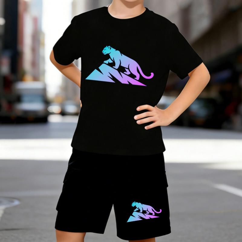 

Boys 2 Piece Climbing Tiger Print T-shirt Outfit, Short Sleeve T-Shirt and Shorts Set for Kids Age 5-14,Black and White Sporty Casual Summer Clothes 5-6 Years чёрный