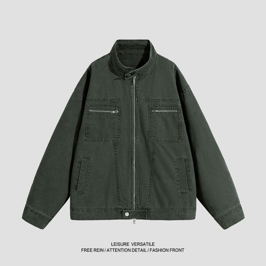 Abrigo Versátil Chaqueta de Algodón Minimalista para Hombre 2026 Abrigo de Trabajo Lavado y Envejecido Solapa de Pie para Hombre Primavera y Otoño Transpirable Trabajo Chaqueta Casual