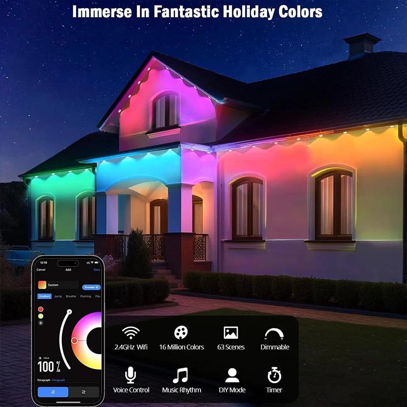 WIFI Smart Eaves RGBIC String Lights Bluetooth Google Speaker Control Outdoor Eave Decor Light Waterproof Music Sync Holiday