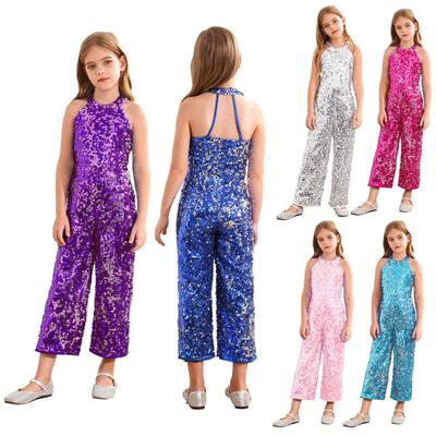 Kids Girls Sequin Pageant Romper Halter Neck Wide Leg Jumpsuit for Dance Parties Performance Events