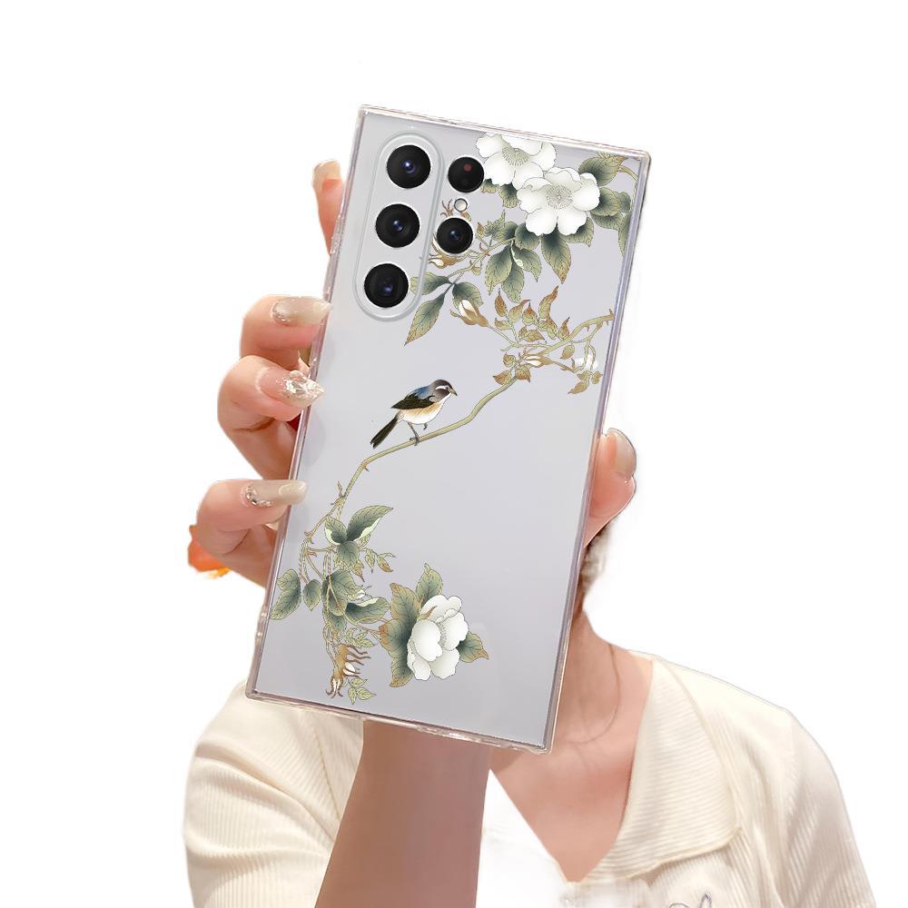 Art flower bird is suitable for Samsung S20Ultra mobile phone case, light and thin s25 anti-drop protective case s23 soft case