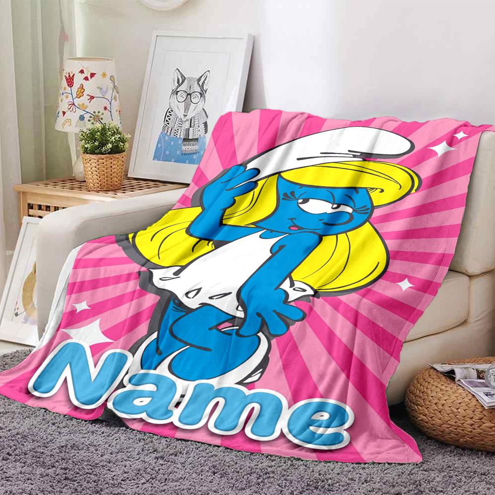 Custom Name Smurfs Theme Printed Blanket Perfect For Couch Bed Travel Outdoor Use Machine Washable Cozy Durable
