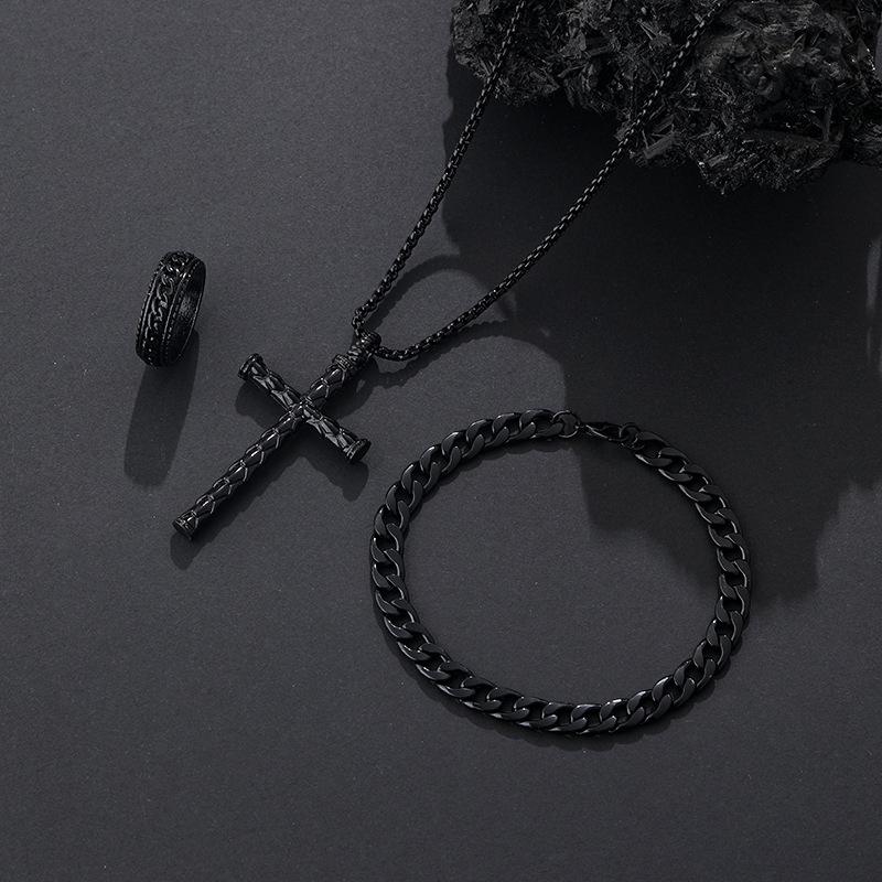 3Pcs Set Men'S Stainless Steel Metal Cross Pendant Chain Necklace Bracelet Ring Jewelry Set Male Hip Hop Daily Wear Accessories