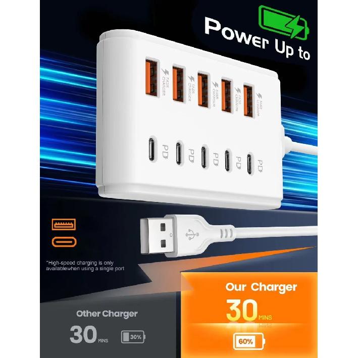 10 Ports USB Charger Fast Charging Power Strip USB Type-C Electrical Socket Adapter For Home Office Desktop Charging Station
