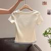 Korean Style Chic Color Block Patchwork Half-Open Collar Short Sleeve T-Shirt for Women