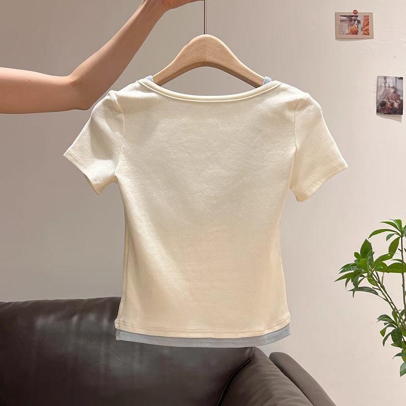Korean Style Chic Color Block Patchwork Half-Open Collar Short Sleeve T-Shirt for Women