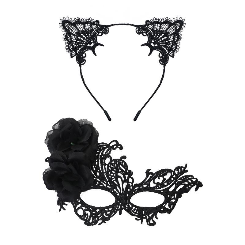 Halloween Masquerade Lace Eye Mask & Cat Ear Headband Set