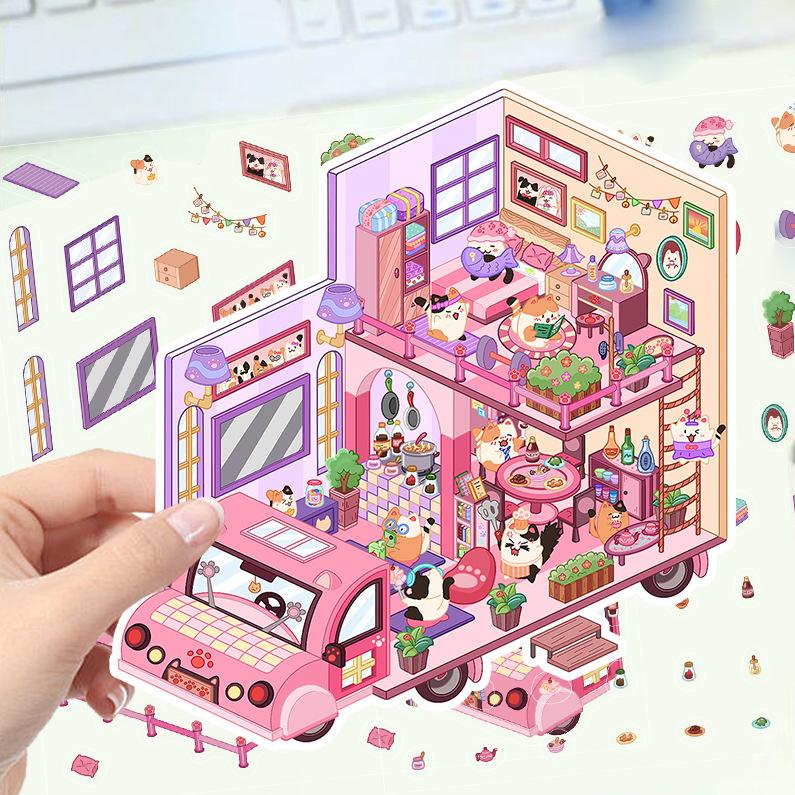 Kreslené krajinné samolepky Vícenásobný miniaturní svět 3D chata Rozbalit DIY scéna Ruční příspěvek