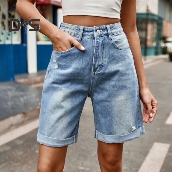 Καλοκαιρινά Γυναικεία Τζιν Σορτς Μήκους Μέχρι το Γόνατο Με Μέση που Φτάνει Μέχρι τη Μέση Ελαστικά Καθημερινά Φαρδιά Ίσια Πόδια Ξεβαμμένα με Μανσέτες Τζιν Σορτς Παντελόνια με Τσέπες