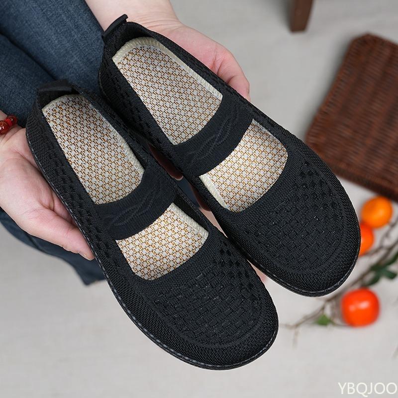 Fashion Mesh shallow mouth anti slip women's round toe flat shoes solid color knitted casual fashionable breathable flat shoes
