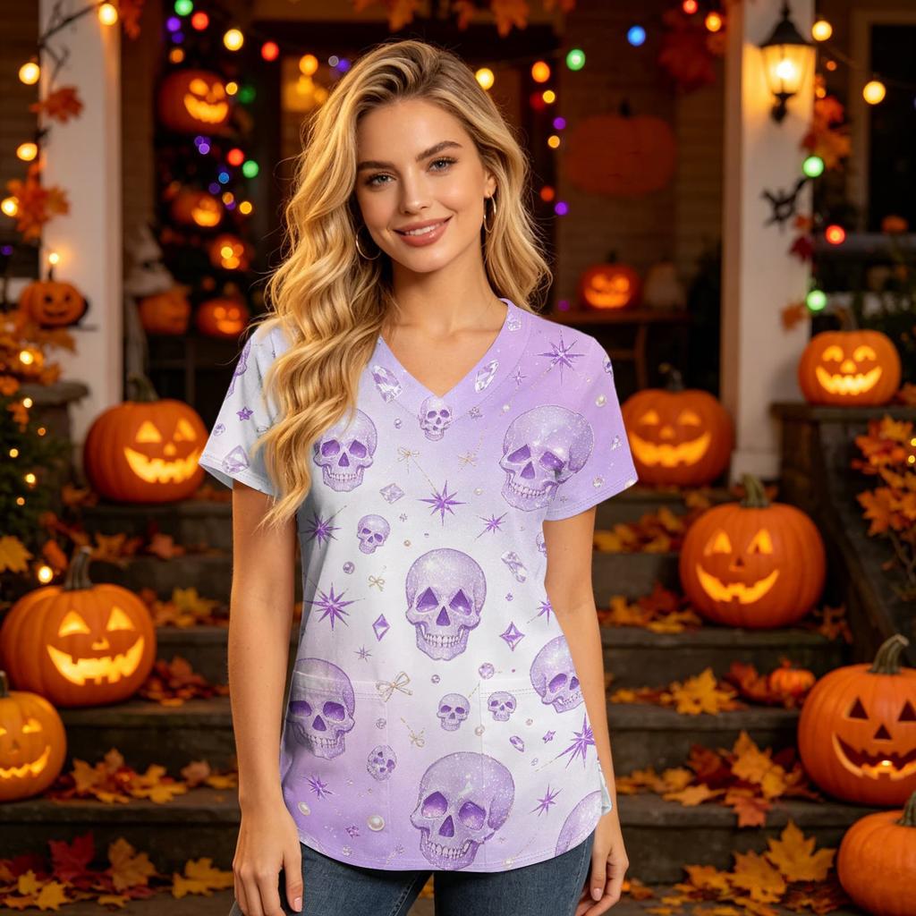 Damen V-Ausschnitt Kurzarm Kasack mit Taschen Halloween-Print für Krankenschwestern und Pflegekräfte