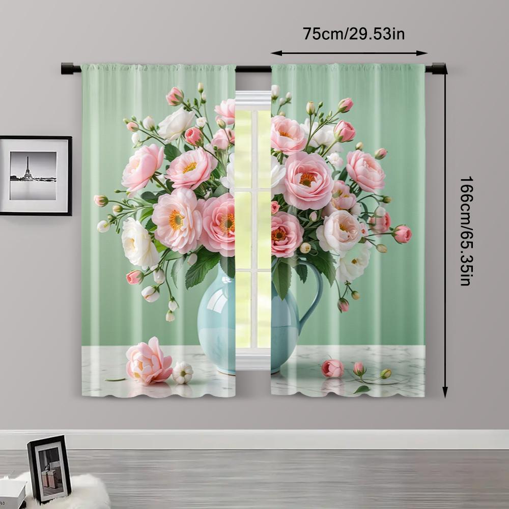 2pcs, Popular Curtain Panels Green Flowers Machine Washable Polyester (without rod) Stuff Clearance for Kitchen Living Room