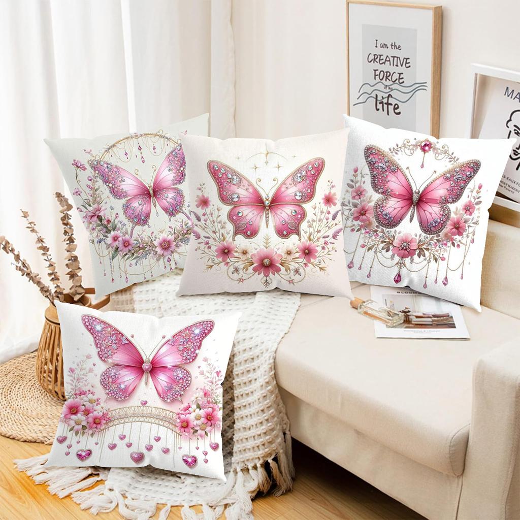 2D flat printing Pink Butterfly Decorative Cushions Floral Pattern Polyester pillowcase, sofa decorative cushion cov