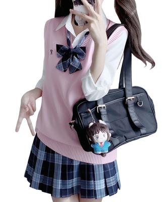 QOOLY High School Uniform Knit Pleated Checkered Bowknot School High School JK Graduation School Cultural Entrance Authentic Size L Set, Vest, Skirt,