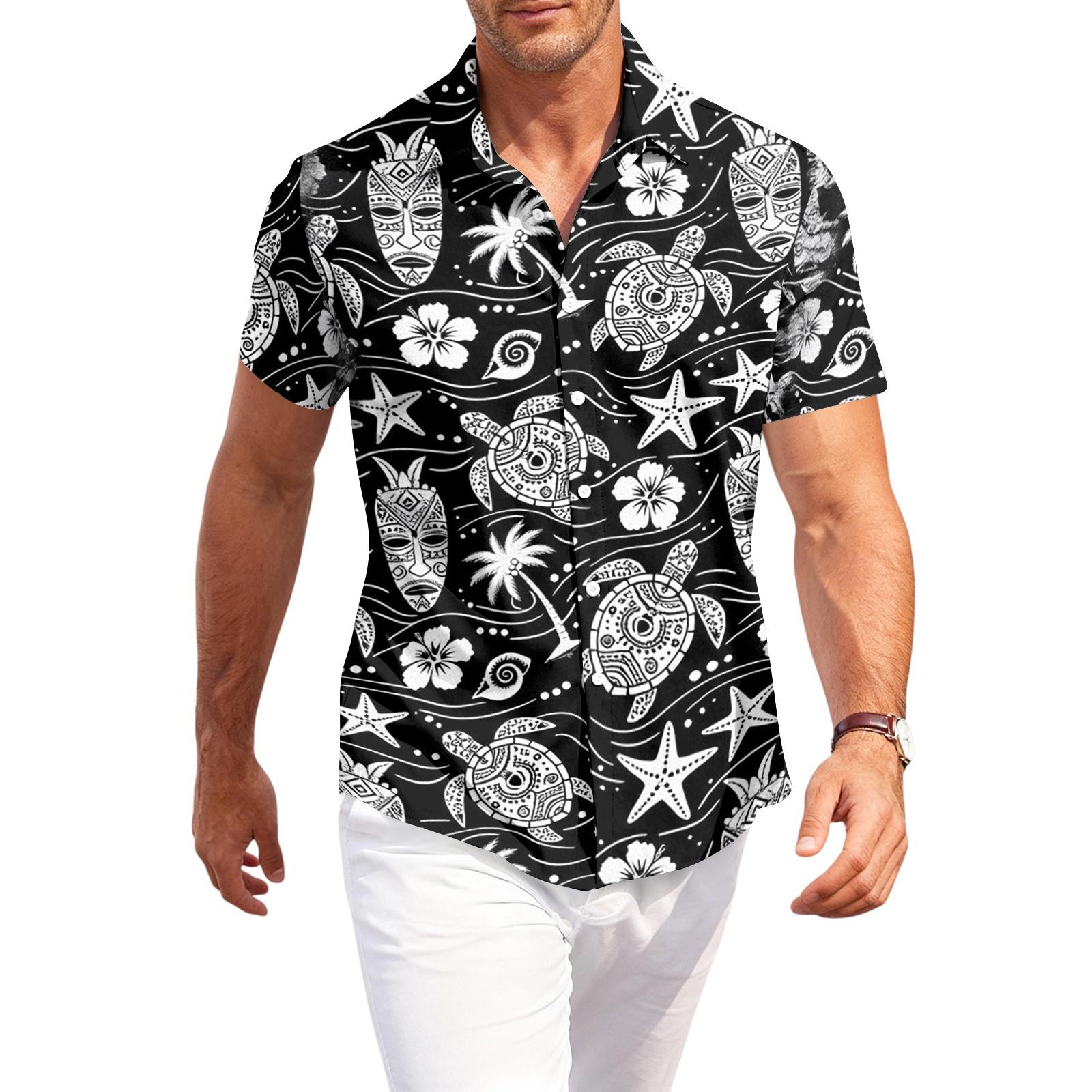 

Men s Casual Loose Fit Short Sleeve Hawaiian Shirt Button Down Lightweight Summer Beach Shirt with Shark Print Design L чёрный