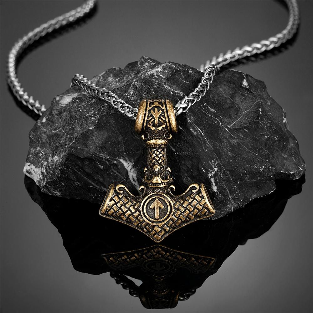 Vikings Crown Thor's Hammer Necklaces Men Stainless Steel Norse Mythology Runes Valknut Pendant Amulet Scandinavian Male Jewelry