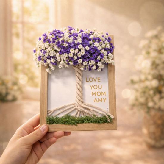 Dřevěný DIY fotorámeček s umělým kyticí gypsophily pro obývací pokoj, ložnici, kancelář, domácí dekoraci stolu, dárky ke Dni matek pro maminku, ženy
